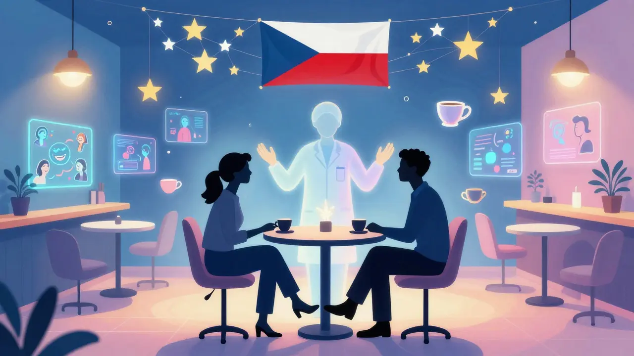 Dvojice se setkává v digitální místnosti, která připomíná jejich první schůzku, kolem nich plavou vzpomínky a hvězdy.