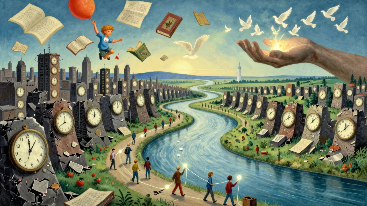 Krajina s řekou, která spojuje lidi nitkami, zatímco vzpomínky a umění plují v ovzduší jako balóny světla.