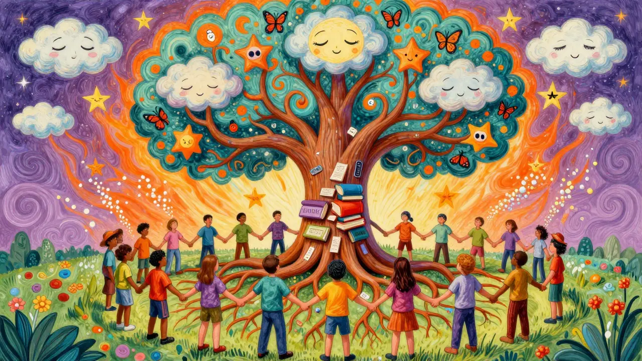 Lidé v kruhu pod stromem, jehož kořeny tvoří symboly terapie, kolem nich létají motýli.