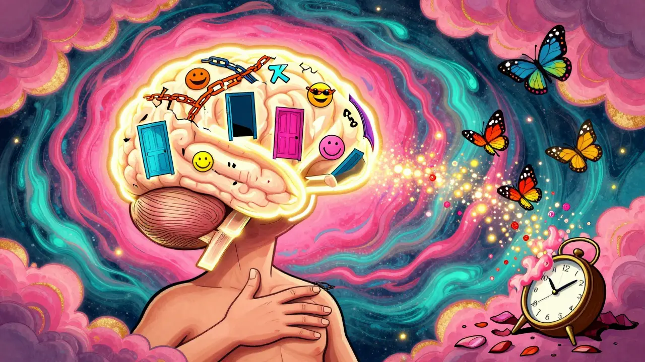 Lidský mozek se mění v kaleidoskop symbolů volby, když ruka přesunutím uvolňuje křídla.