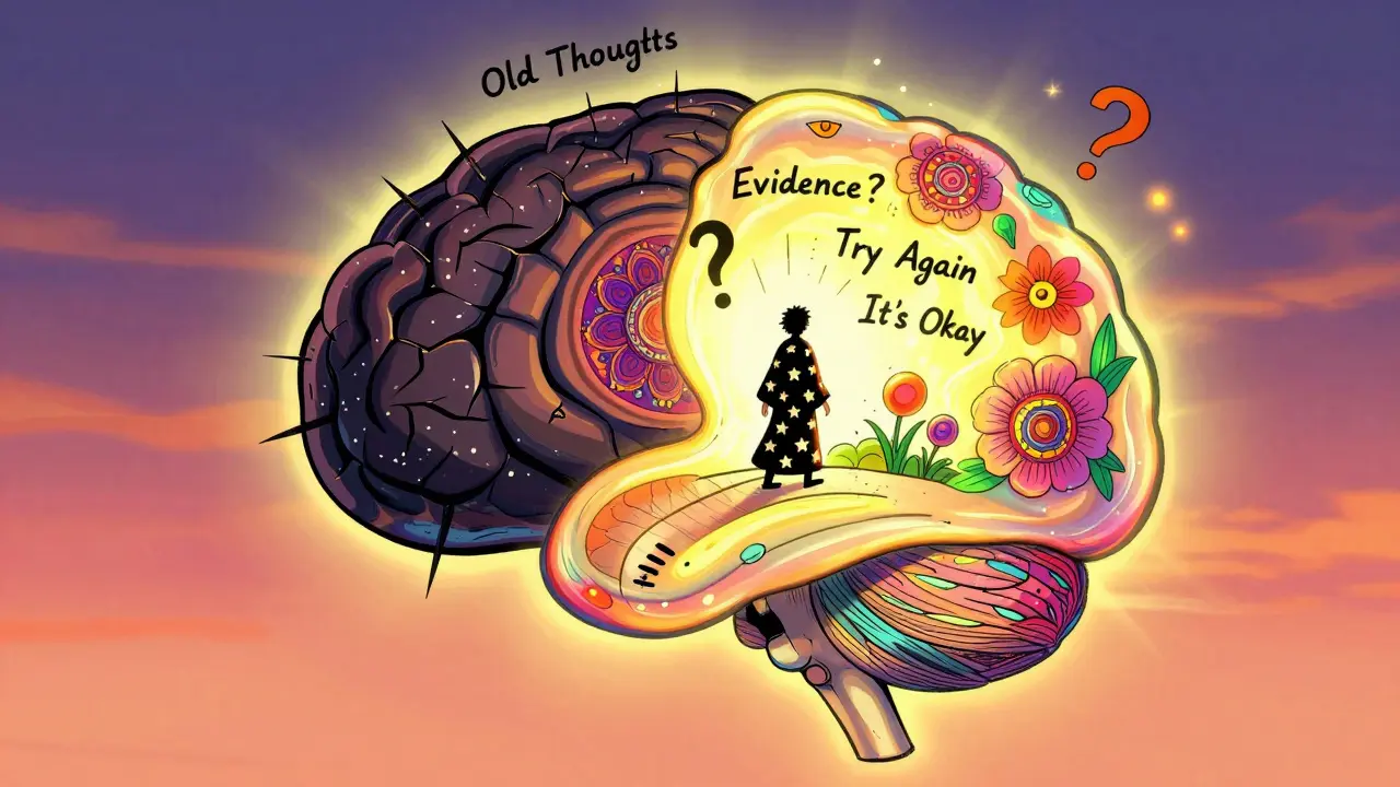 Mozek jako kaleidoskop: jedna strana temná, druhá jasná s květinami a pozitivními myšlenkami.