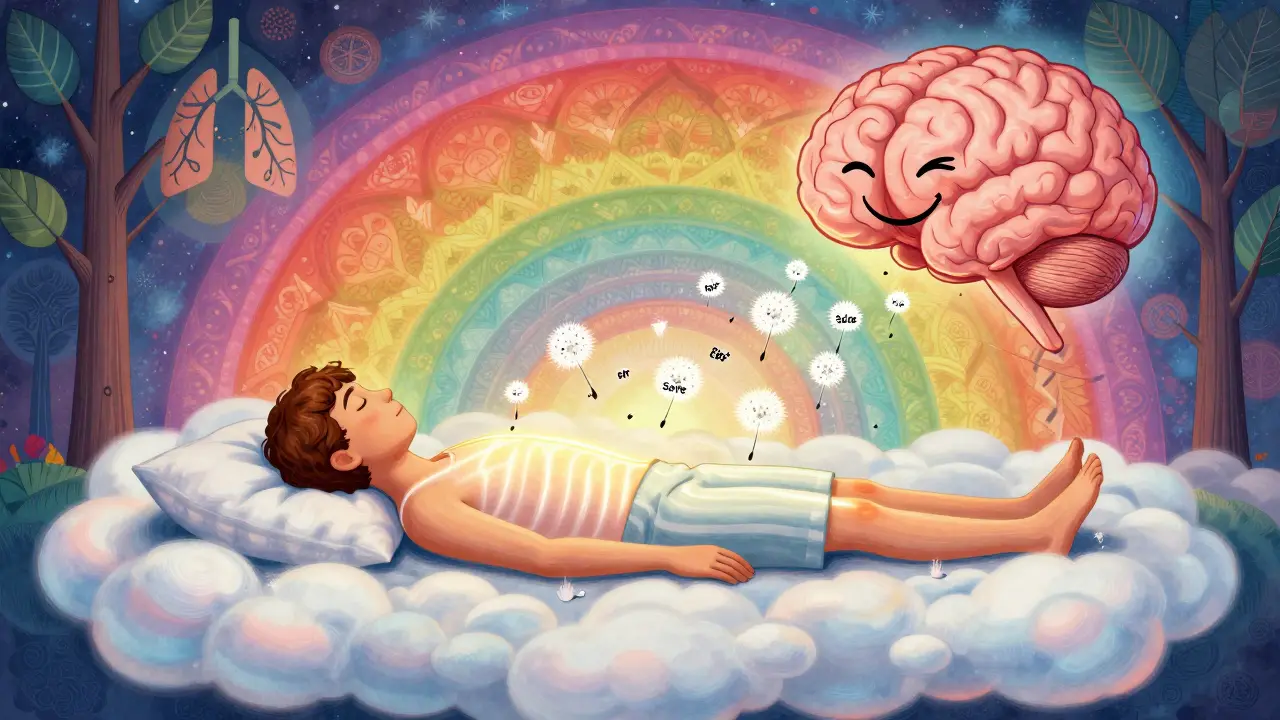 Osoba na oblaku s mozkem, který uvolňuje semínka s věstbou &#039;Jsi v bezpečí&#039;.