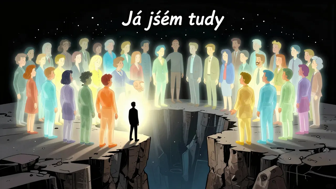 Osoba na okraji propasti je obklopena světelnými postavami, které tvoří most podporou.