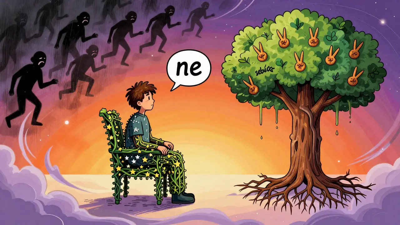 Osoba říká &#039;ne&#039; stínu, její tělo se mění v strom sebeúcty.