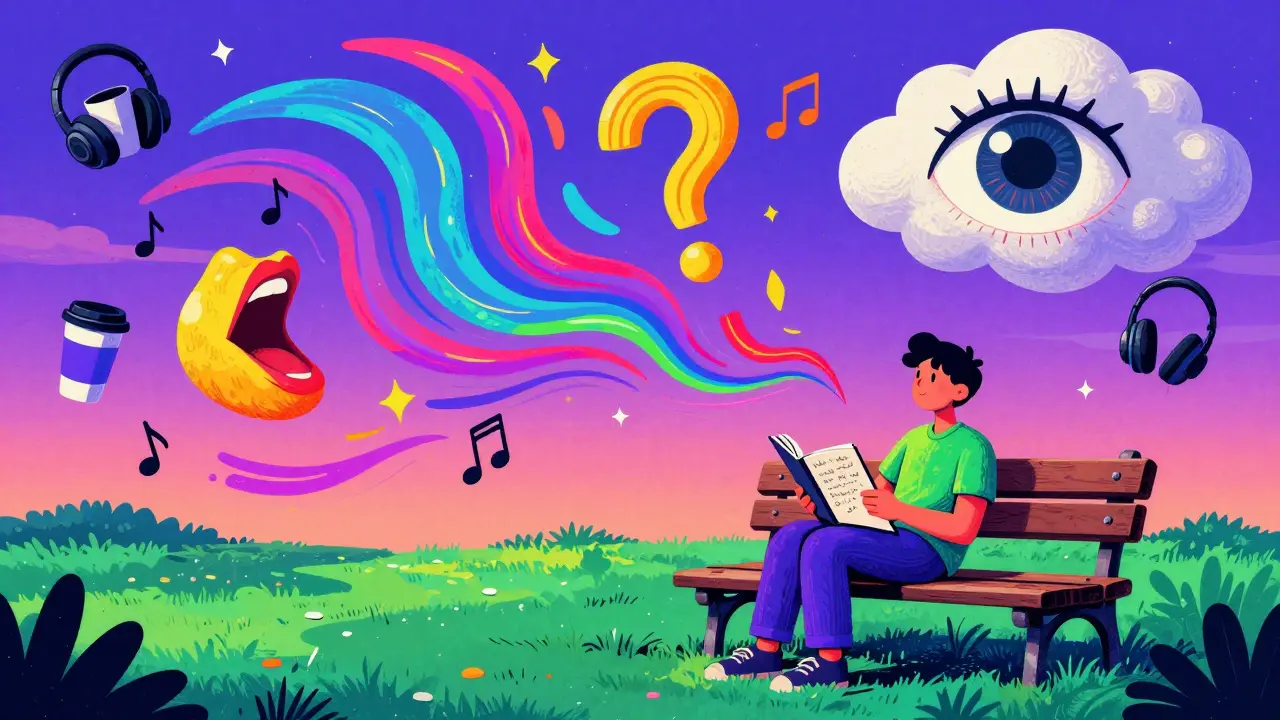 Osoba sedí na lavičce, kolem ní proudí barevné energie a symboly sebepéče.