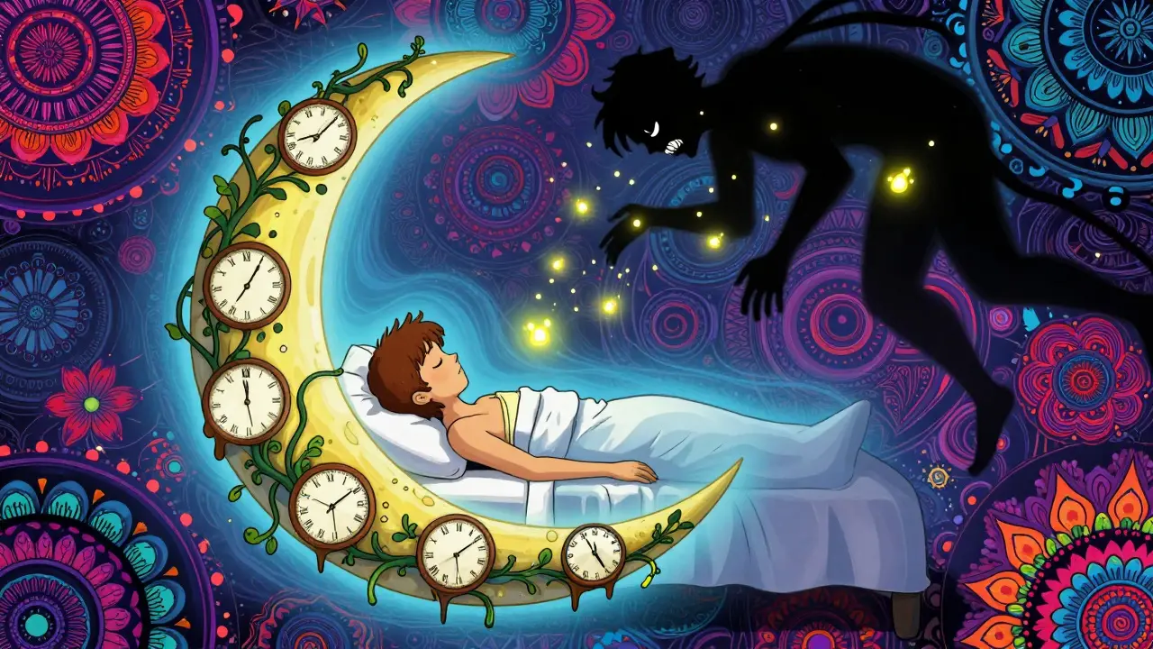 Osoba spící v měsíční posteli, kde úzkost mizí v jasných broučcích.