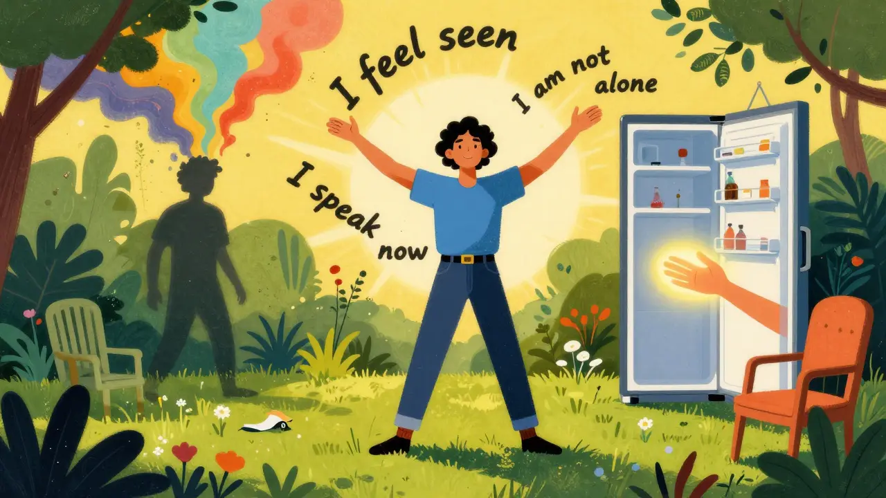 Osoba stojí v zahradě, kolem ní plavou slova jako 'Jsem viděn', zatímco stín minulosti mizí, styl Peter Max.