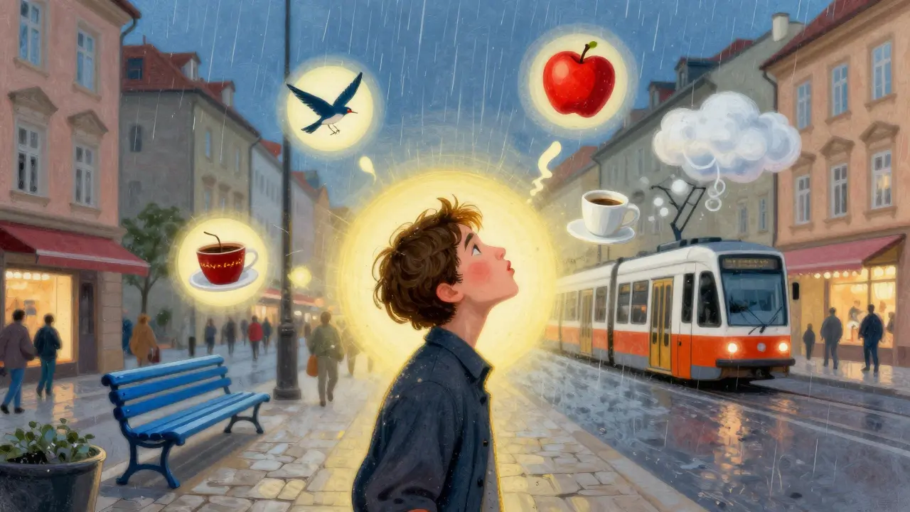 Osoba v městě používá techniku 5-4-3-2-1, kolem ní se objevují barvité předměty a smysly.