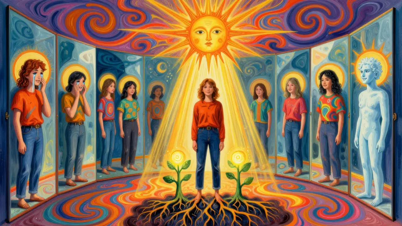 Osoba ve středu místnosti s odrážejícími zrcadly, nad ní září slunce.