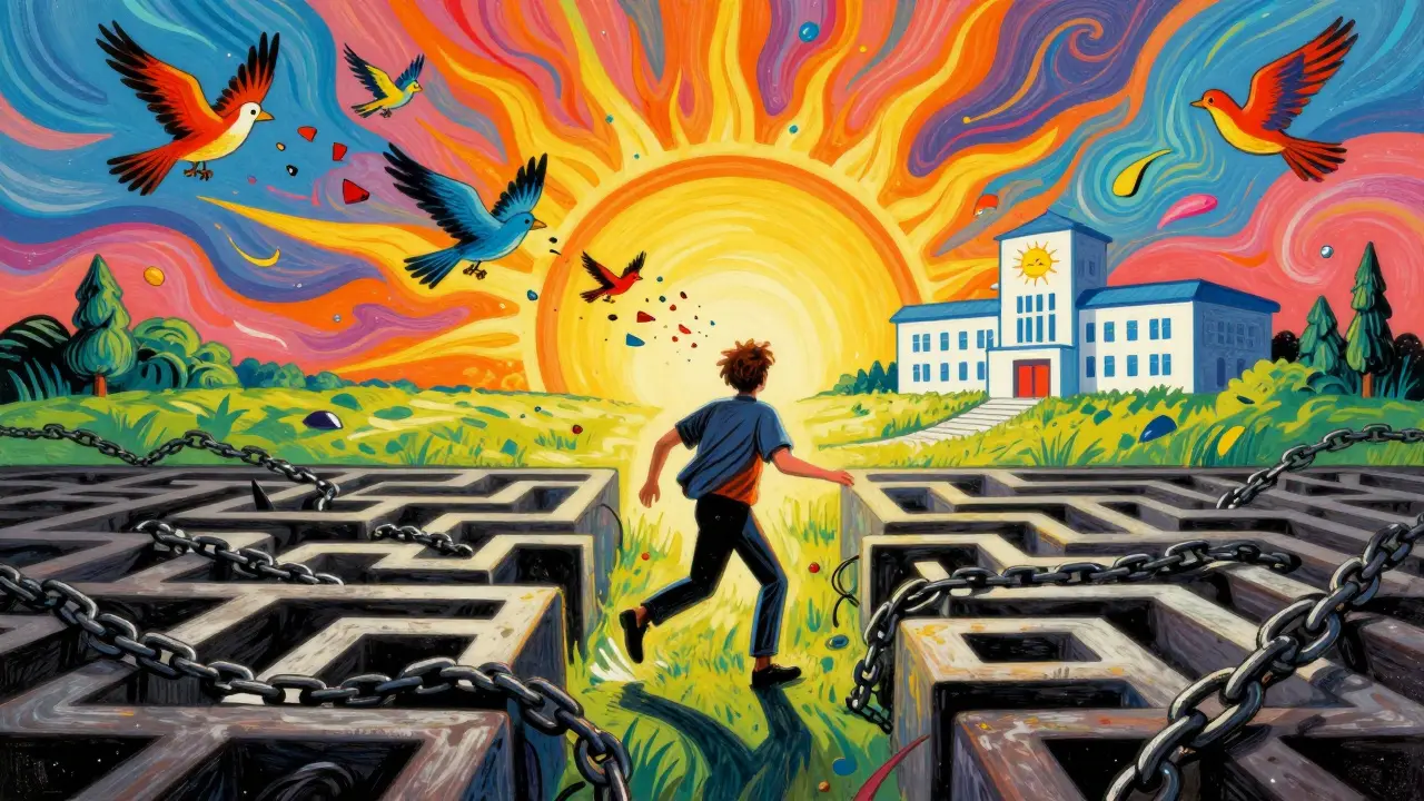 Osoba vychází z temného bludiště strachu do osvětleného pole plného naděje a volnosti.