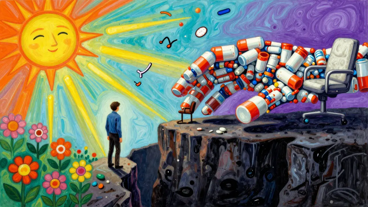 Pacient na okraji propasti, kterou přeměňují léky a terapie v květiny, zatímco slunce ho podporuje.