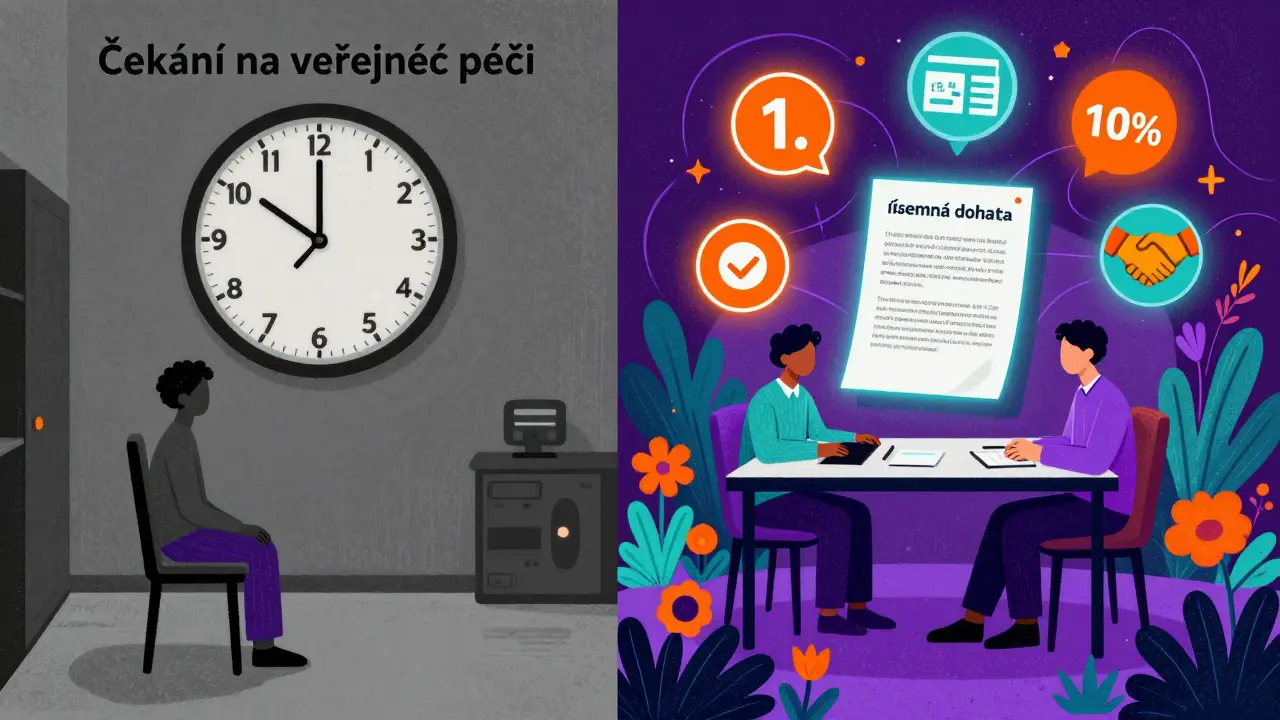 Porovnání čekání na veřejnou terapii a splátkové dohody v jasné, kreslené scéně.