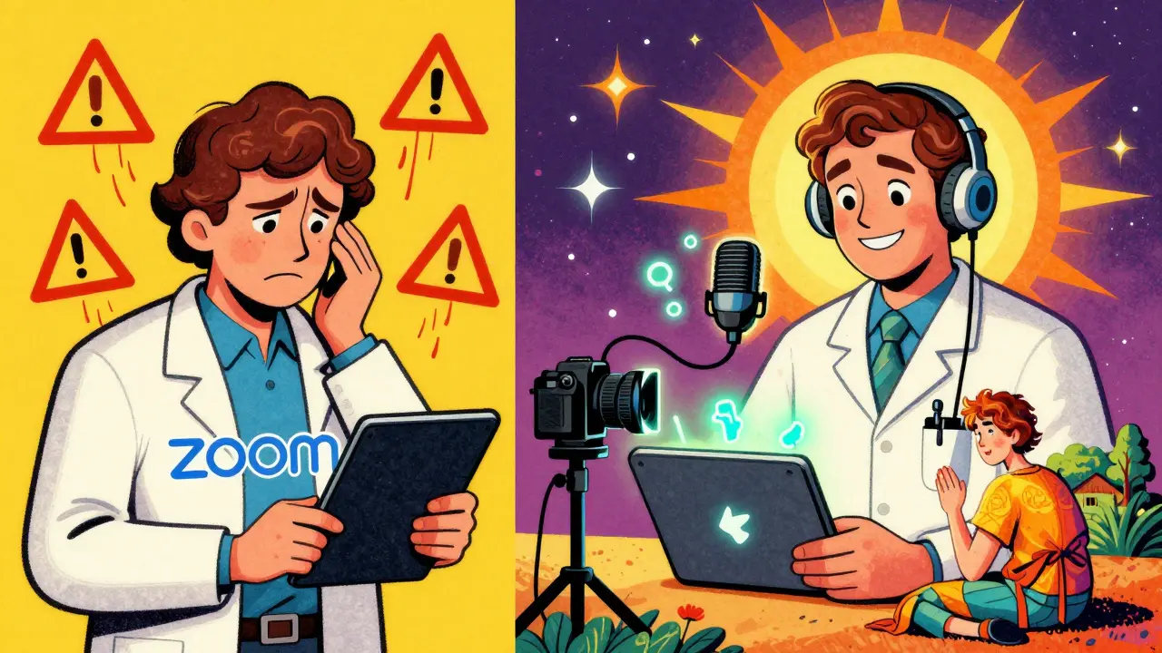 Porovnání nebezpečného použití Zoomu a bezpečné telepsychologie v kolorovaném ilustrovaném stylu.