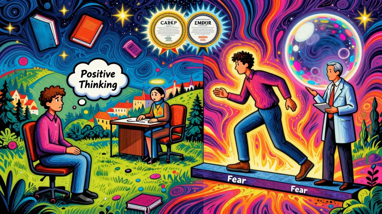 Porovnání nekvalifikované a kvalifikované terapie s certifikačními znaky v psychedelickém stylu.