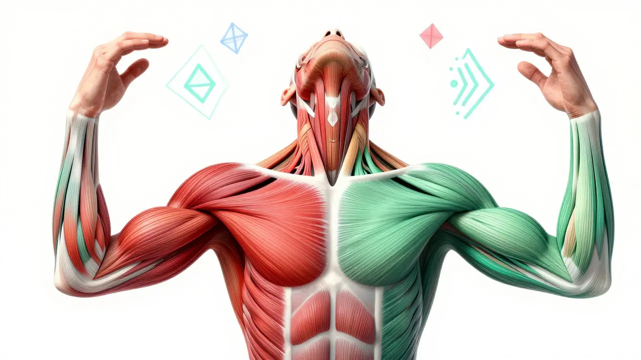 Průhledné svaly v krku a ramenách měnící barvu z napětí na uvolnění.