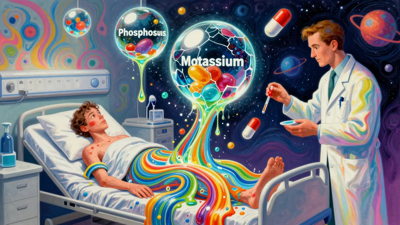 Psychedelic hospital scene with cracking orbs of vital minerals, doctor carefully administering nutrients.