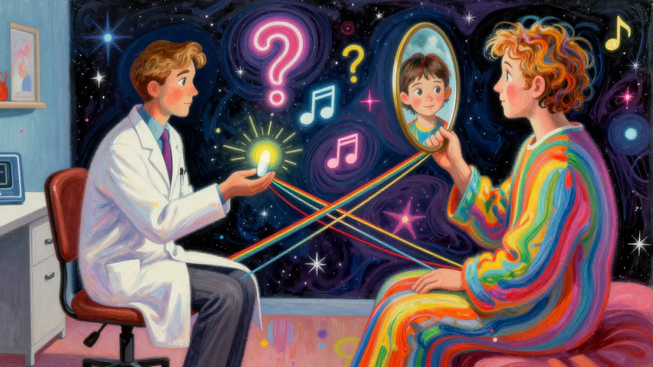 Psychiatr a psychoterapeut spolu komunikují s pacientem mezi nimi, spojení barevnými vlákny a zrcadlem vnitřního sebe.