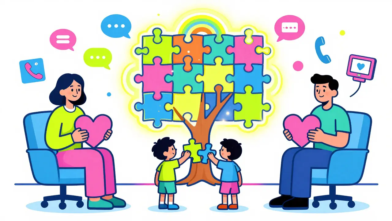 Rodiče a dítě společně dokončují obraz srdcí jako skládačku, v jasné, kreslené stylizaci.