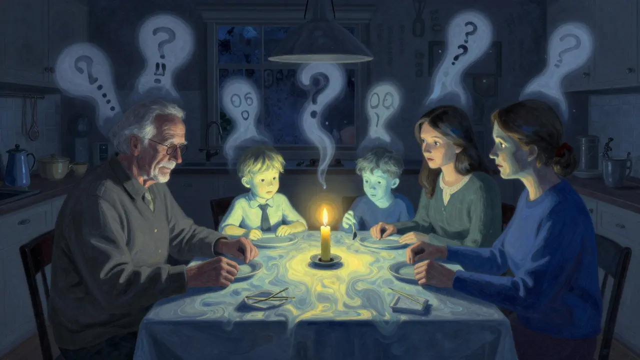 Rodina u stolu v noci, kde vzpomínky z minulosti plují jako inkoust, a jediná svíčka zůstává svítit v tichosti.