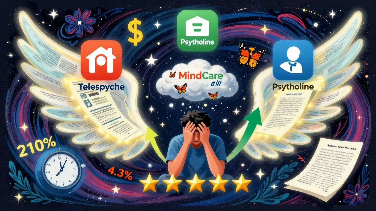 Růst telepsychologie v Česku s ikonami poskytovatelů a pacientem, jehož temnota mizí v motýlech.