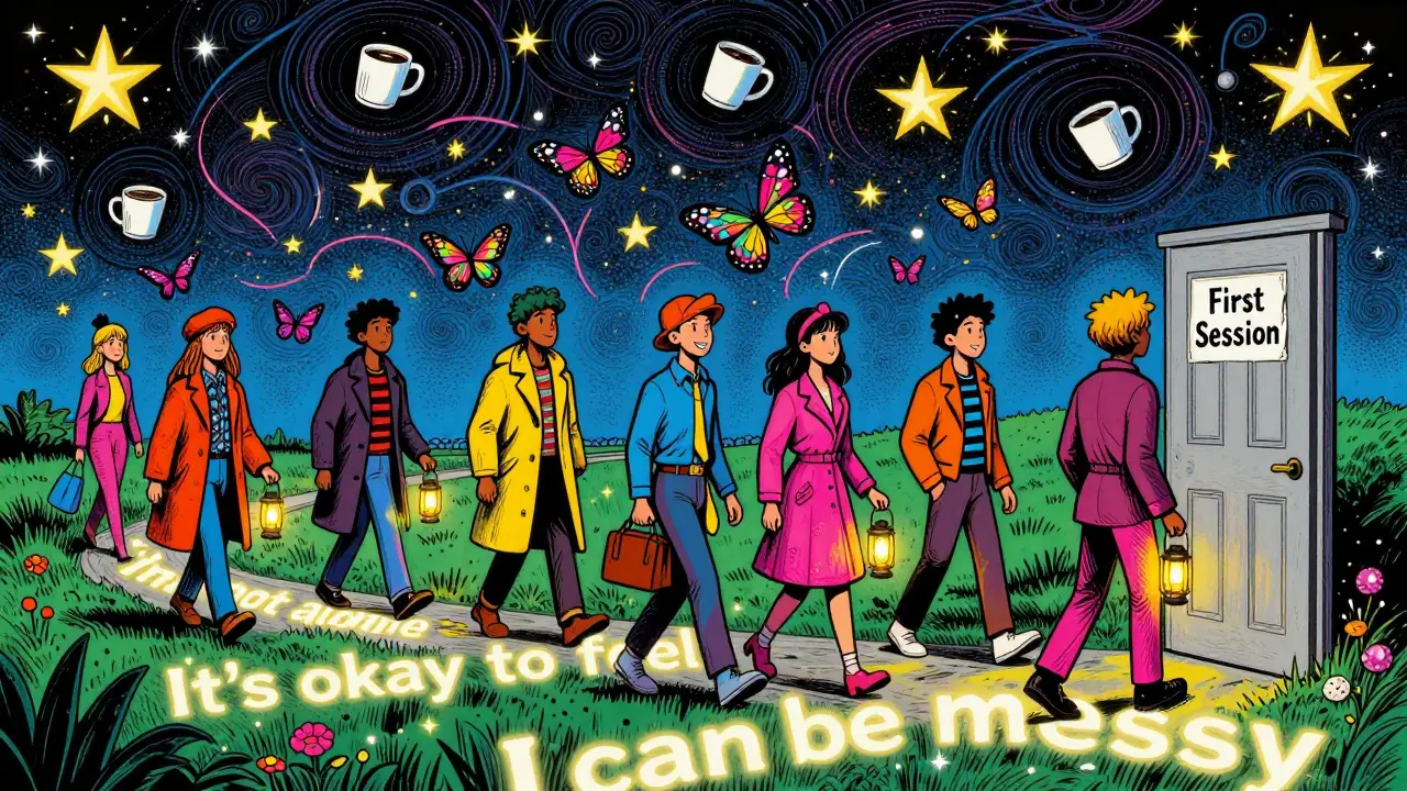 Různí lidé jdou po světélkující cestě s hesly, zatímco jeden se otočí a usměje se k dveřím první návštěvy.