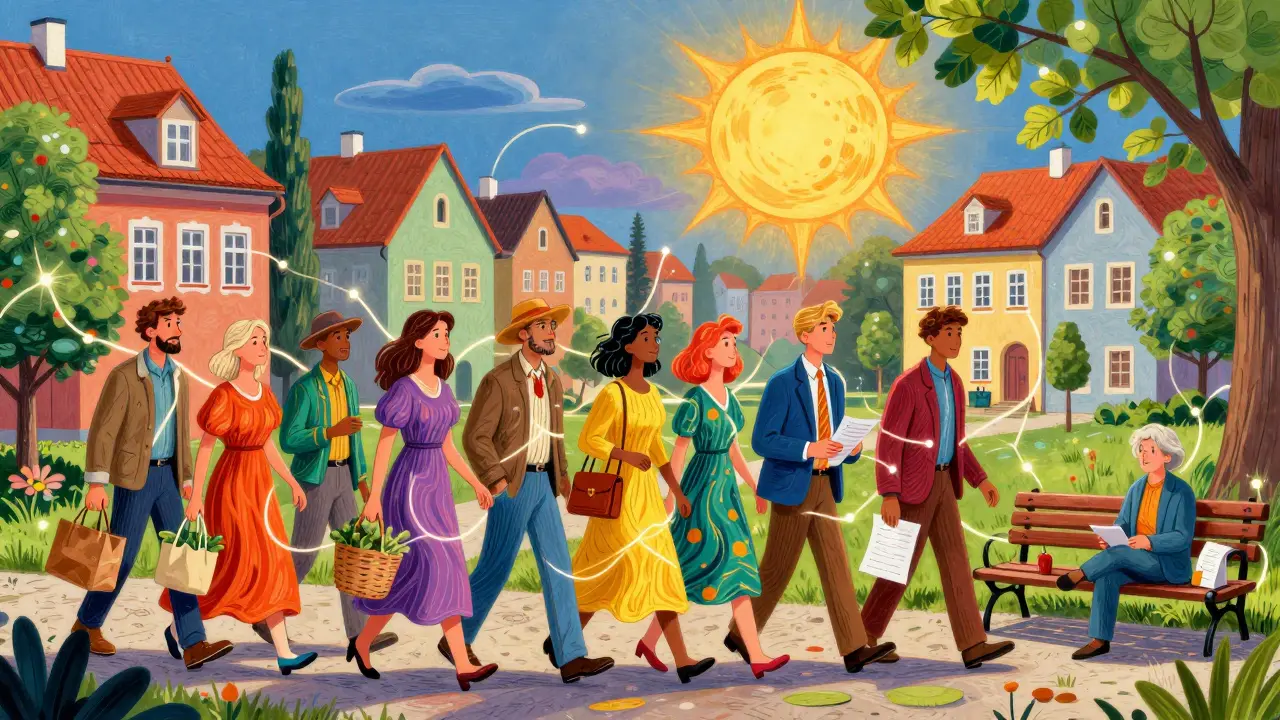 Různí lidé spolu jdou ulicí, spojení světelnými nitěmi, symbolizující komunitní podporu.