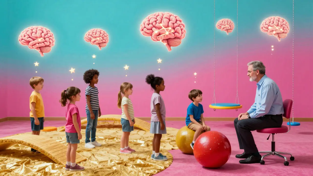 Skupina dětí a terapeuta v barevné senzorické síni, interagují s těžkými koulemi a rampami.