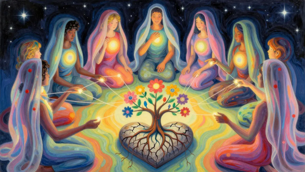 Skupina lidí v kruhu postupně odstraňuje šátky, jejichž světlo se spojuje do zářivé sítě, symbolizující přijetí.