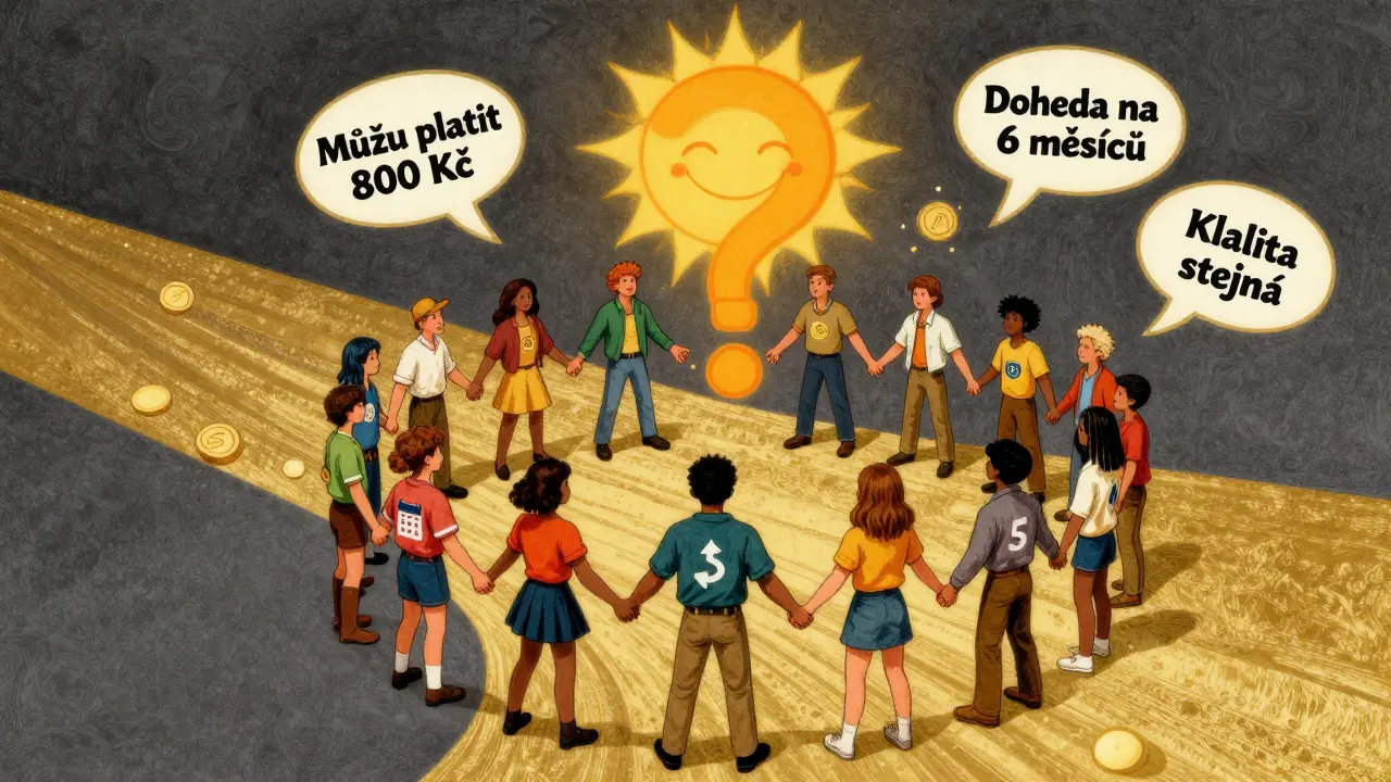 Skupina lidí v kruhu symbolizuje přístupnost psychoterapie s flexibilními platbami.