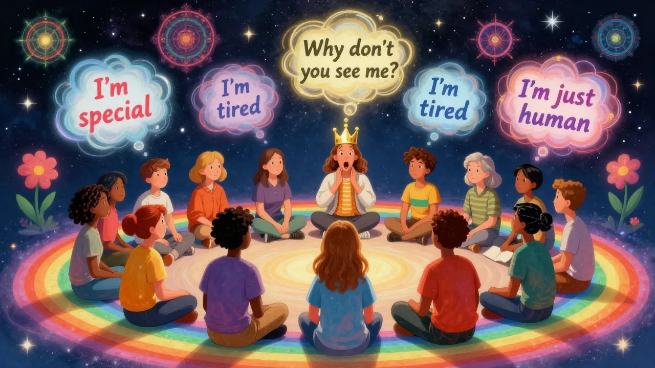 Skupinová terapie: postava s korunou překvapena, když ostatní neobdivují, ale odpovídají upřímně.