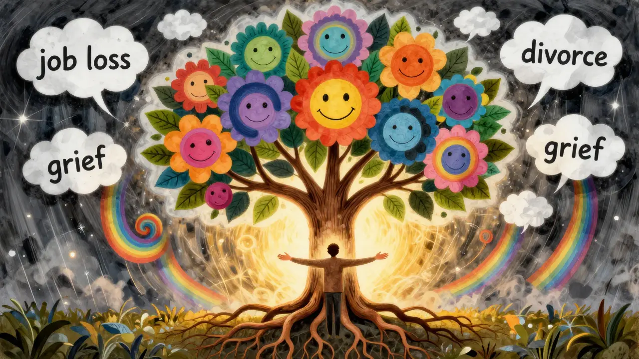 Strom s kořeny jako ruce roste skrz bouřku, z jeho větví rostou smějící se tváře.