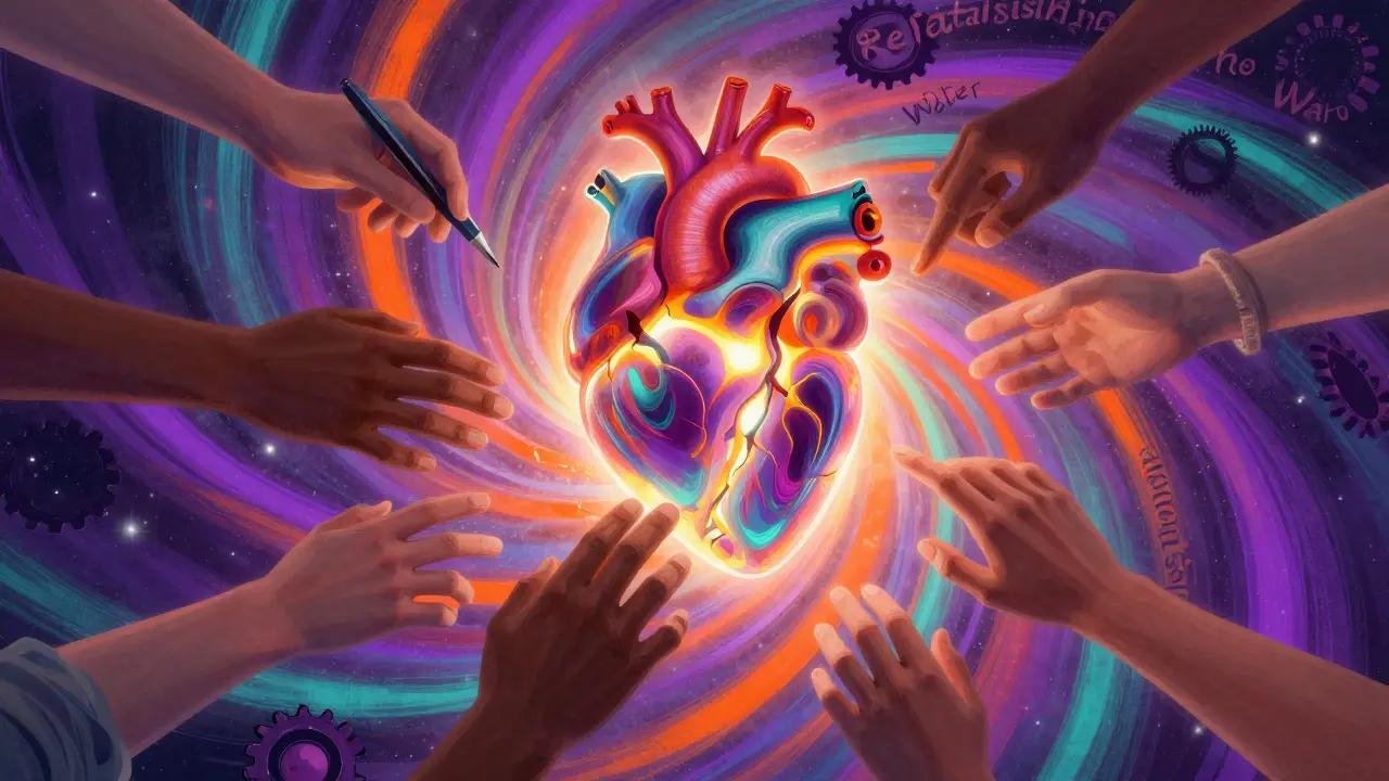 Svítící srdce osvětlené různými rukama – některé drží nástroje, jiné jen dotýkají.