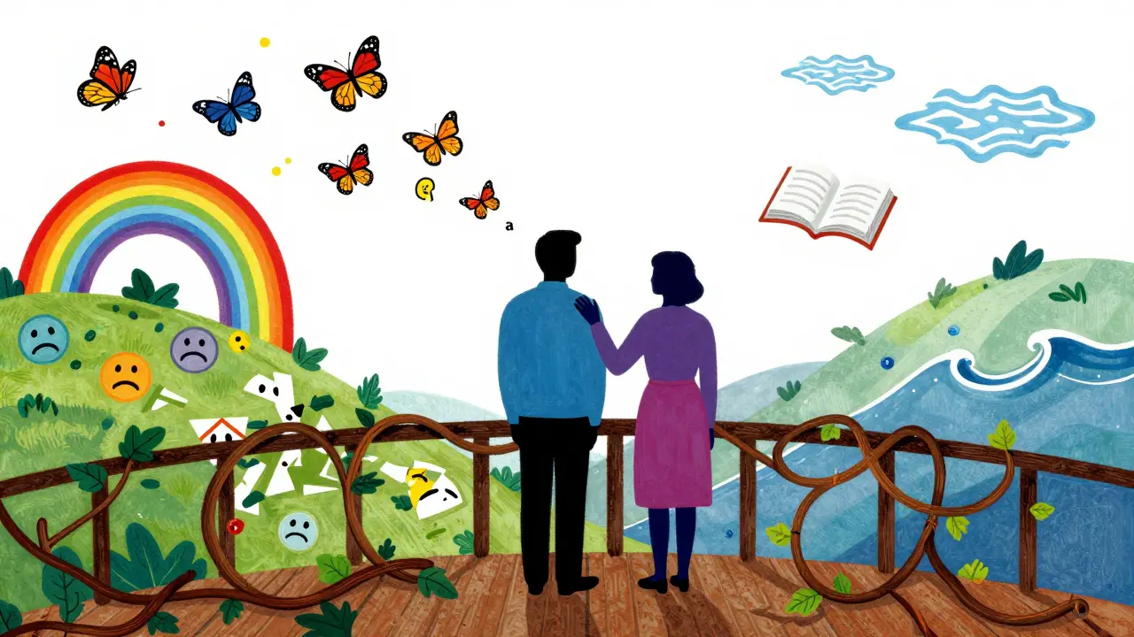 Terapeut a klient na mostě z duhových větví, přeměňující emoce v motýly.