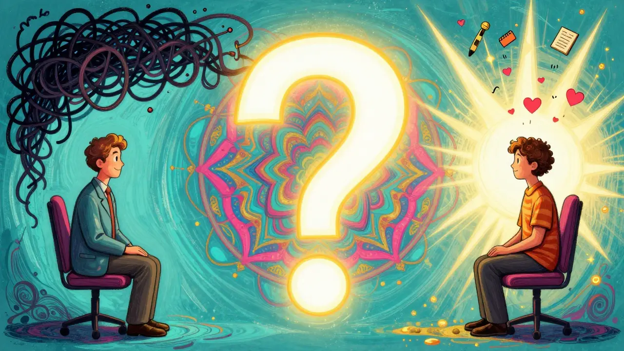 Terapeut a klient společně sledují transformaci starých vzorů v nové nástroje.