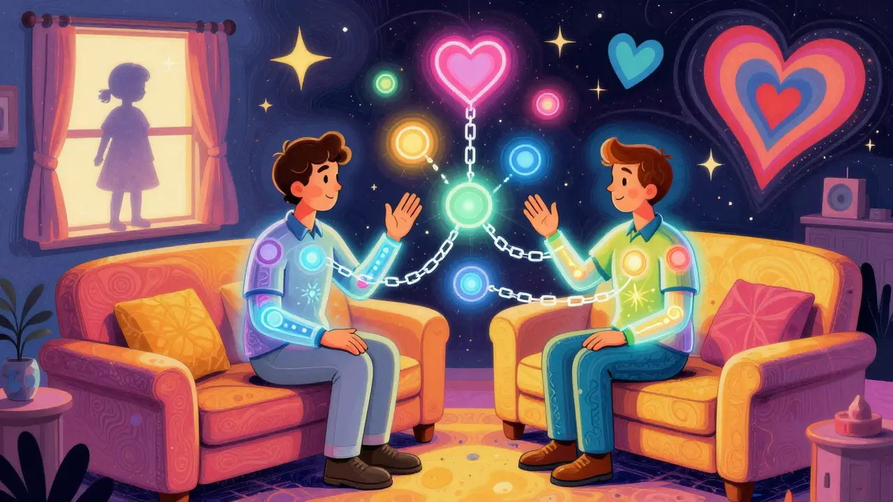 Terapeut a klient spolu sedí, zatímco emocionální řetězy praskají v barevném prostředí.