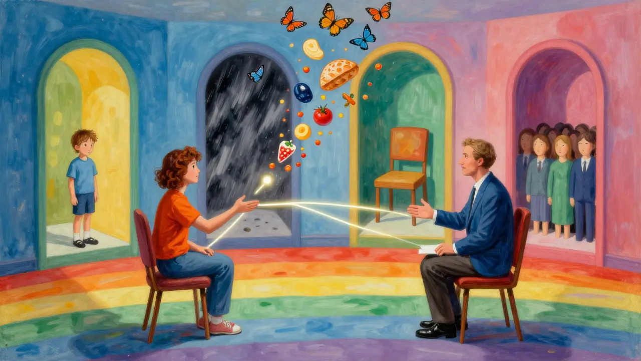 Terapeut a klient v barevném prostředí s čtyřmi symbolickými portály, jídlo se mění v motýly, styl Peter Max.