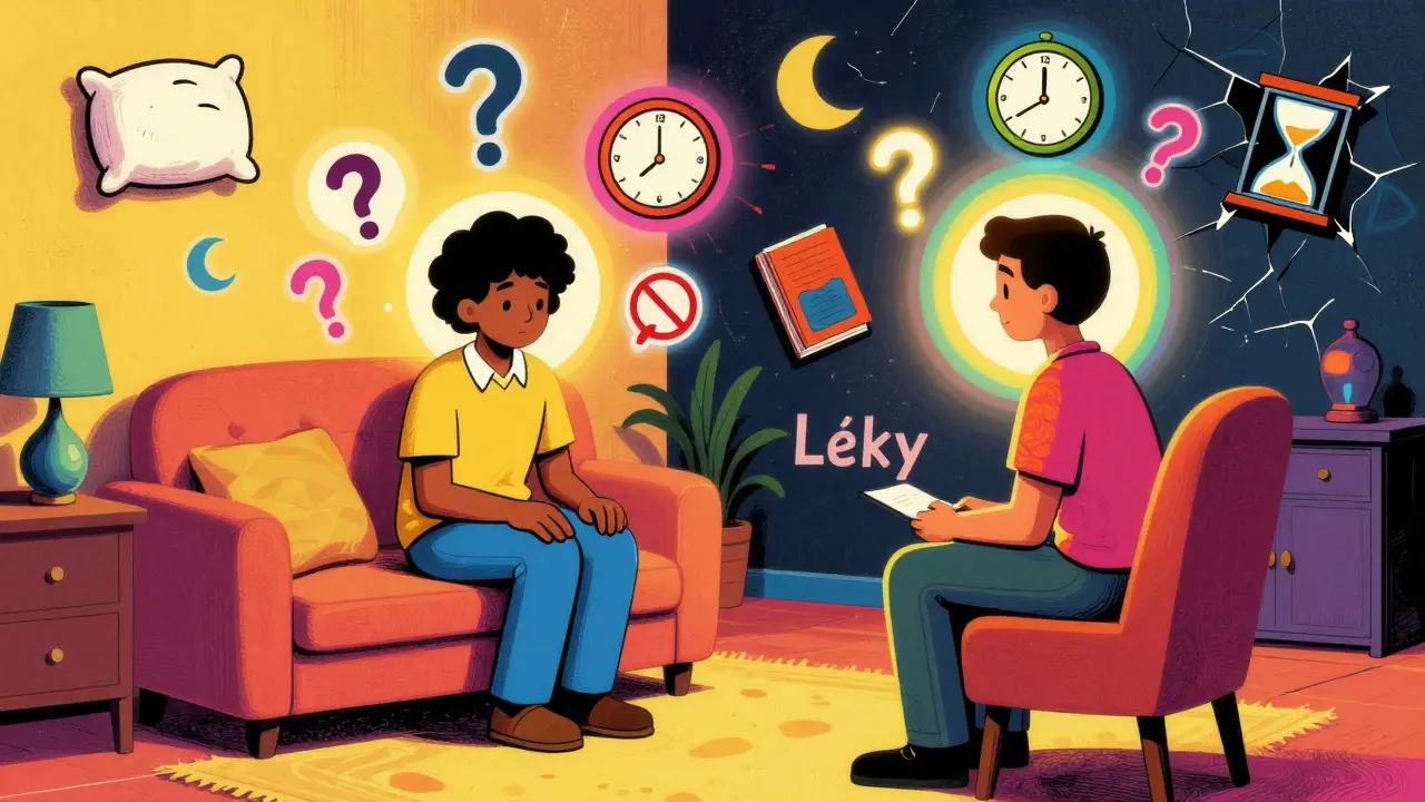 Terapeut a pacient v pokojí s prvky CBT-I, v jasných psychedelických barvách.