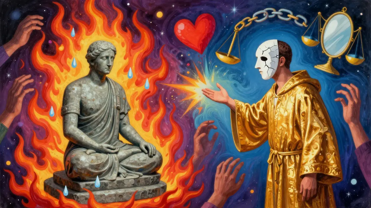 Terapeut jako kámen ve středu chaosu emocí, pacient s rozbitou maskou se snaží dotknout reality.