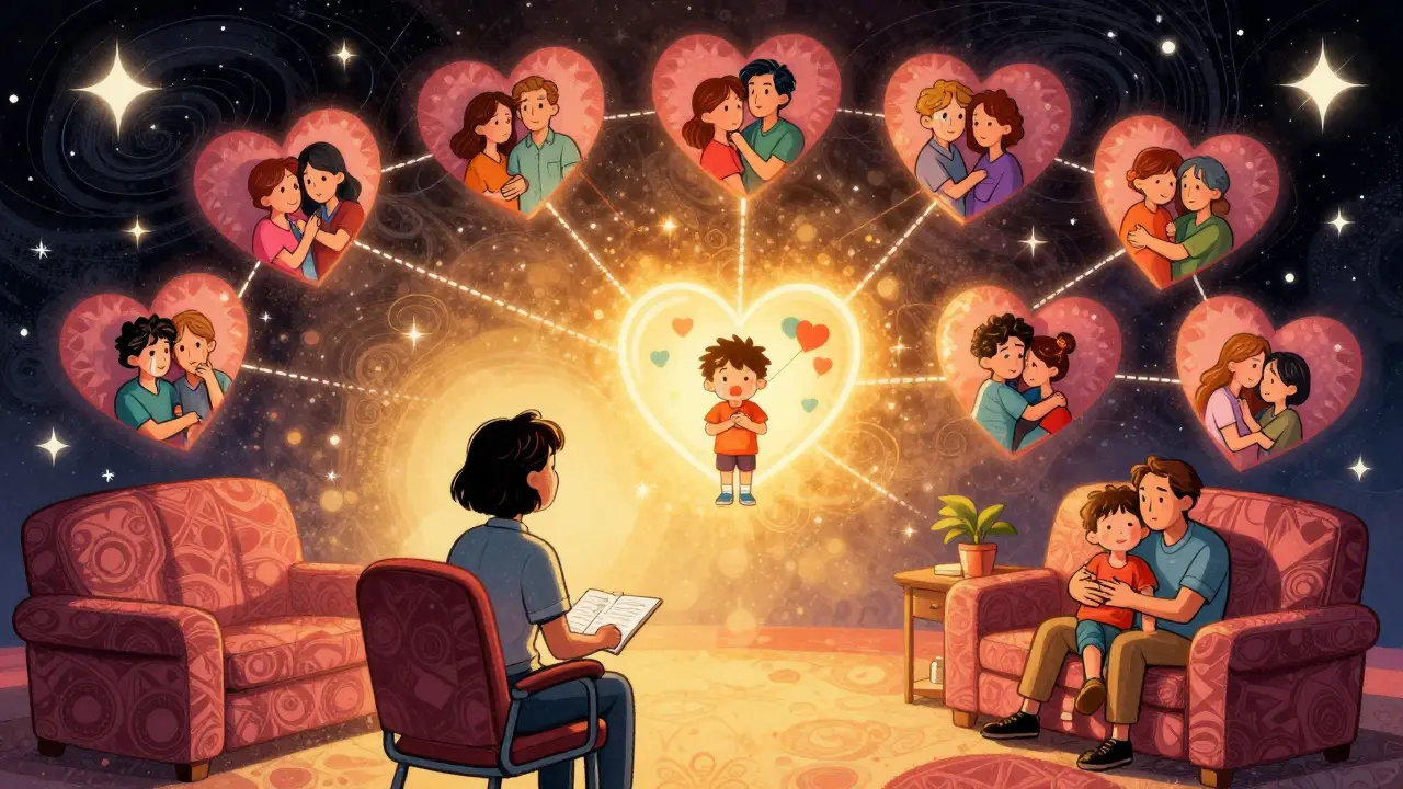 Terapeut s proudy srdcí spojujících rodiny, symbolizující podporu a spojení v léčbě anorexie.