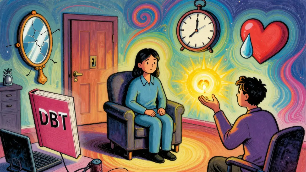 Terapeut v centru místnosti plné symbolů poruch osobnosti, zatímco pacient táhne k světlu.