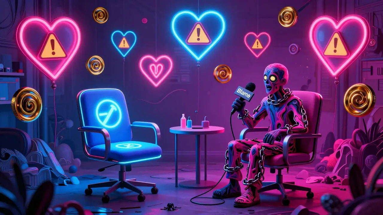 Terapeutická místnost přeměněna na bojiště: jeden židle je prázdná a bezpečná, druhá obsazena postavou s řetězy, zatímco nad nimi plavou varovné symboly.