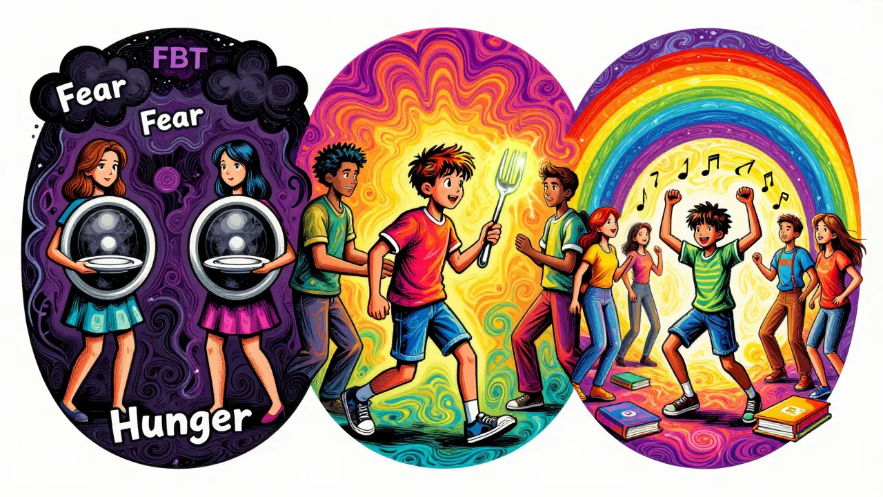 Tři fáze FBT jako kruhy: rodiče chrání dítě, dítě přebírá kontrolu, dítě se znovu baví s přáteli.