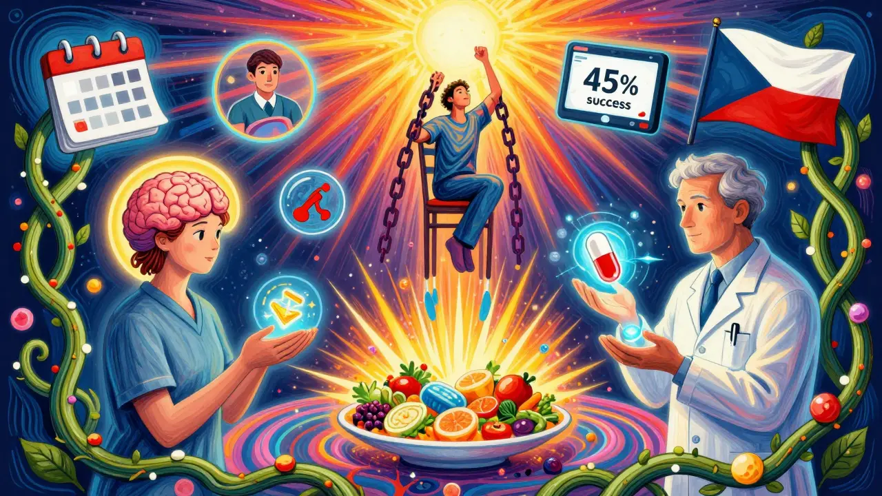 Tým specialistů pomáhajících pacientovi překonat poruchu příjmu potravy s ikonami úspěchu.