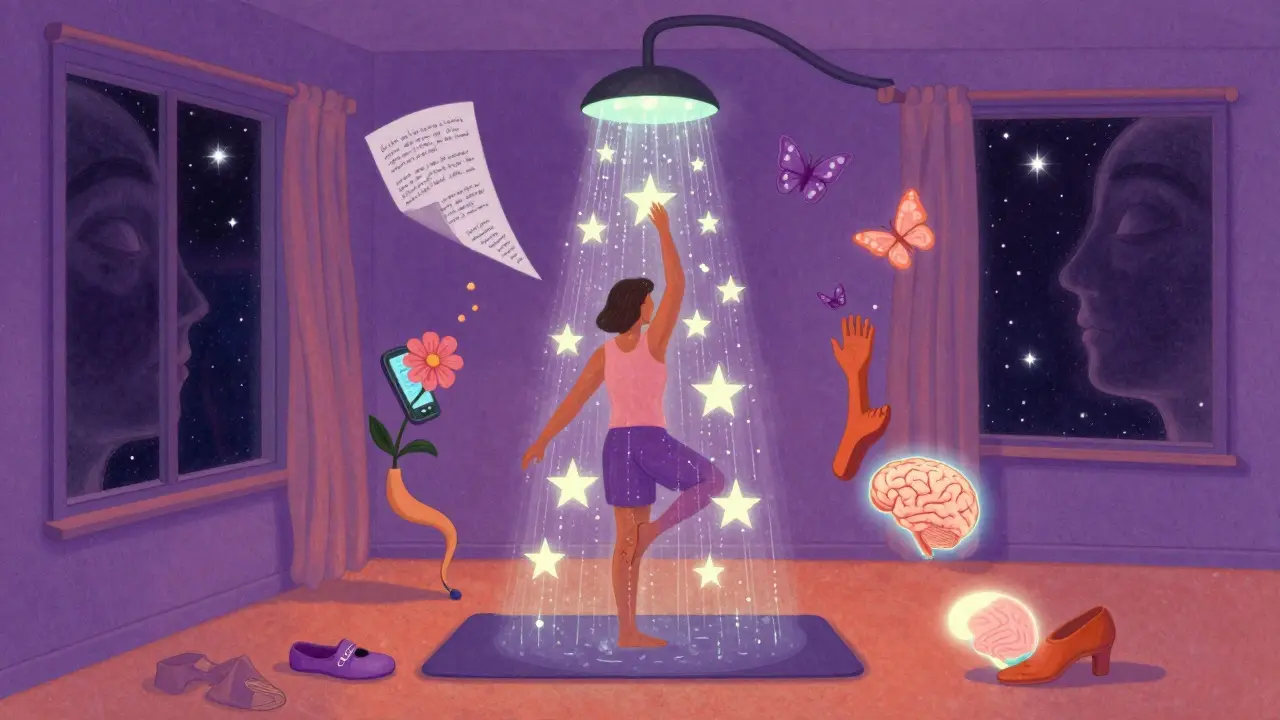 Večerní rituál s osvětlenou sprchou, rozplynulými myšlenkami a tancujícími předměty ve vesmírných barvách.