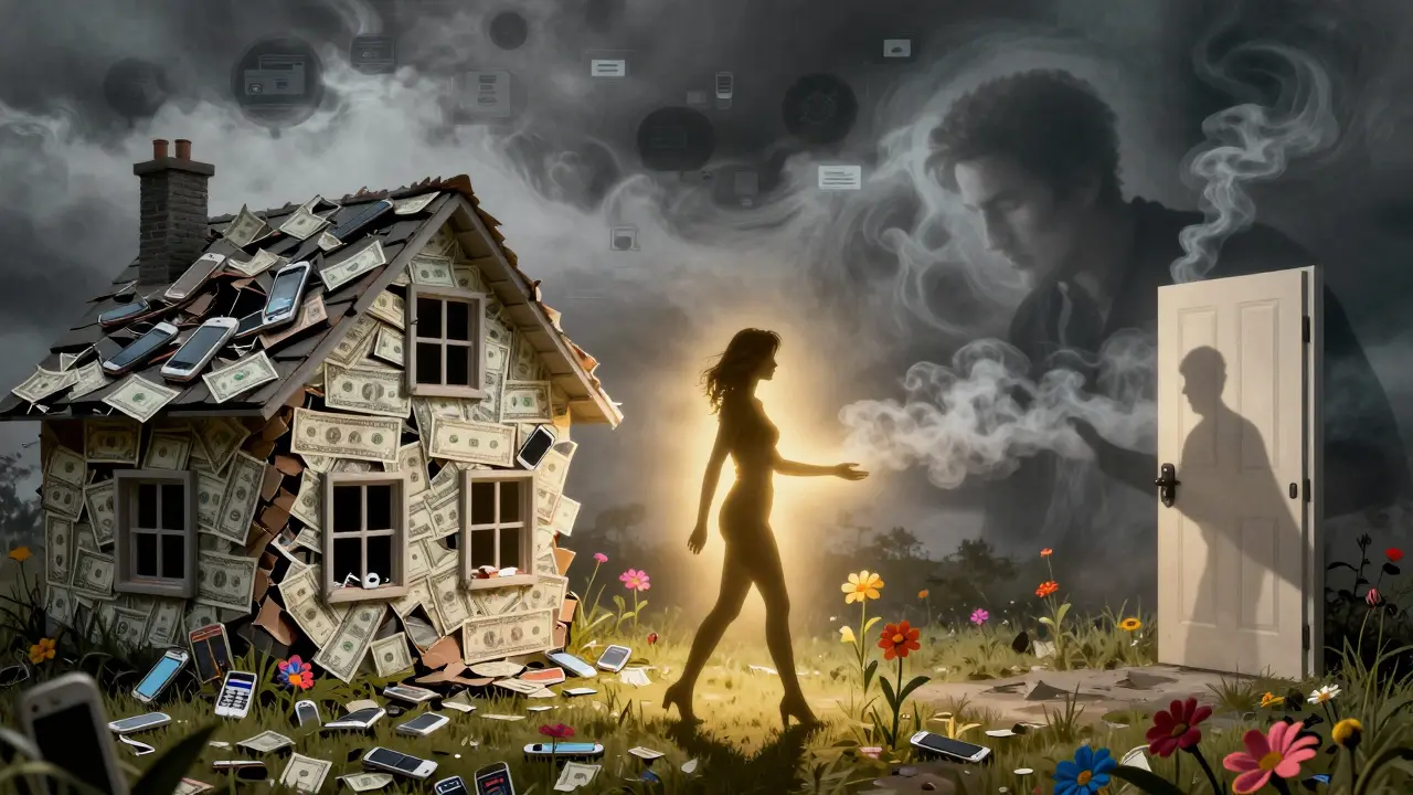 Žena odchází od zříceného domu z telefonů a peněz, její silueta září, zatímco za ní se stínový muž mění v kouř.