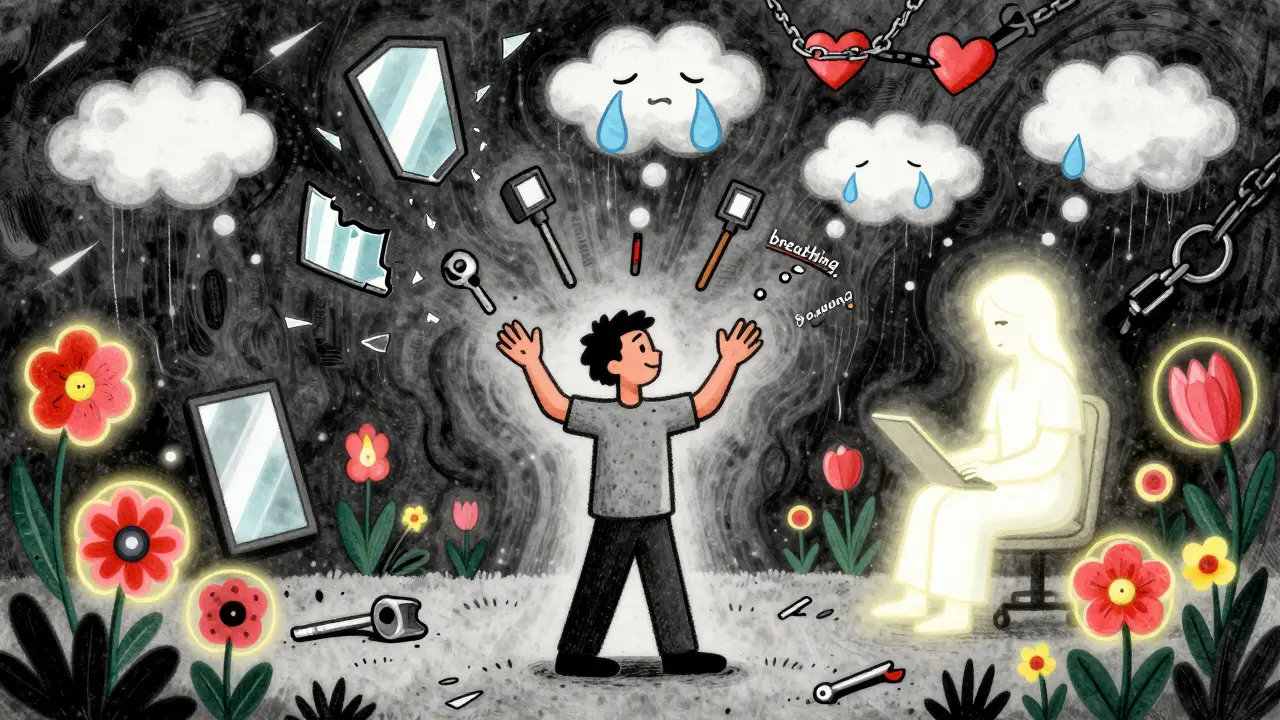 Člověk chytá nástroje pro zvládání emocí, zatímco kolem něj létají jeho vnitřní konflikty.