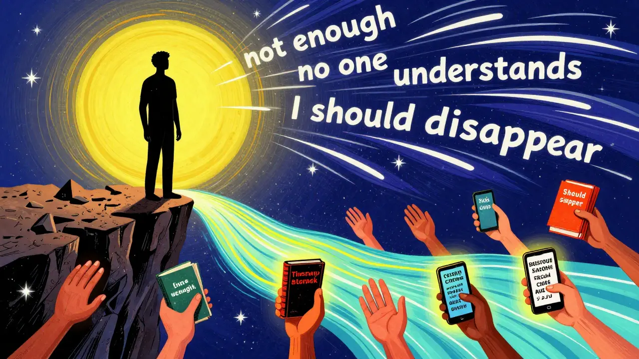 Člověk na hraně hory myšlenek sebeviny, zatímco ruce níže nabízejí pomoc a naději.