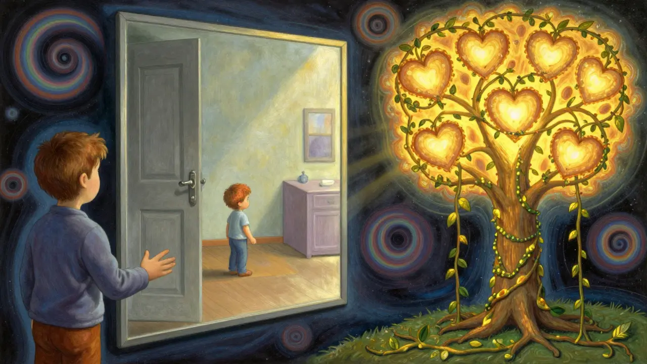 Člověk se dívá do zrcadla, které odrazí dětství, z něj rostou zlaté větve do srdcí, styl Petera Maxe.