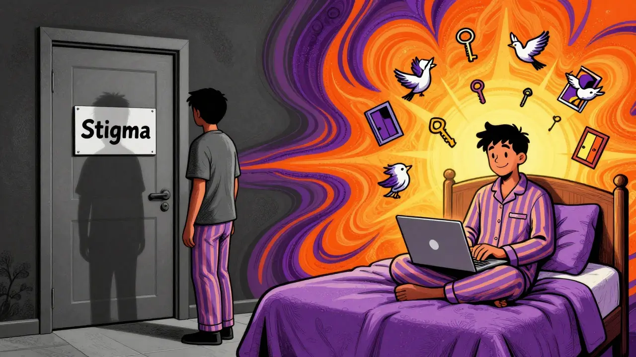 Člověk se rozhoduje mezi strachem před terapií a svobodou online sezení, vyznačeno jasnými barvami a kontrasty.