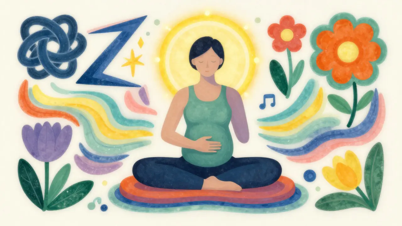 Člověk sedí na povznášející se podložce, jeho břicho se zvedá s dechem, kolem něj se mění napětí v klid.